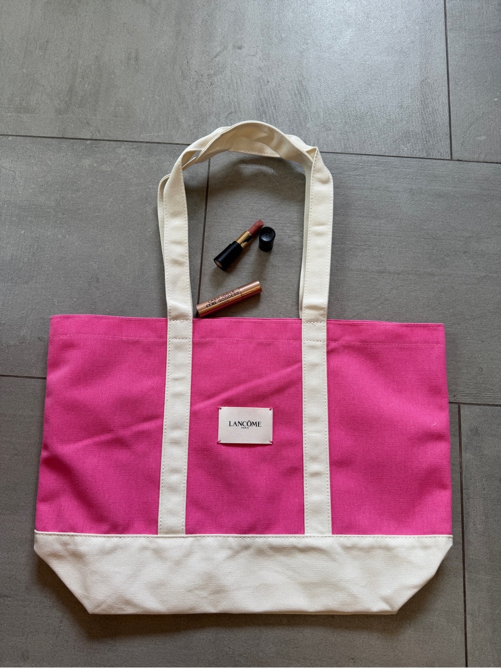NWT Lancôme Pink Canvas Tote Bag w Cream Trim & mascara & nude lipstick 💄